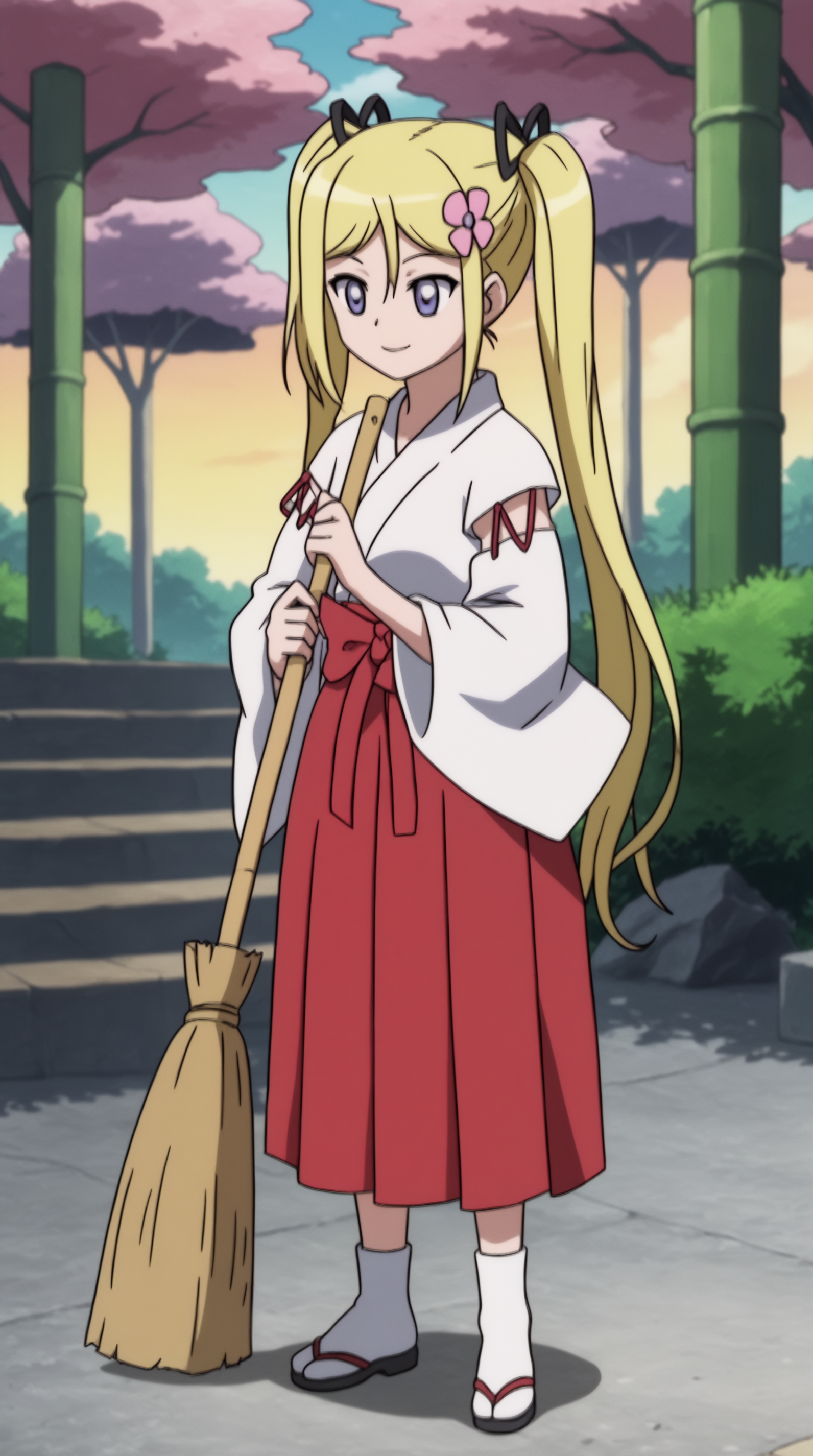 score_9, score_8_up, score_7_up,anime_source, source_anime, best background, detailed background, anime screencap, 4k, upscaled,  Mafuyu Orifushi, solo, smile, skirt, hair ornament, flower, japanese clothes, sandals, hakama, hakama skirt, broom, miko, tabi, red hakama, bamboo broom  <lora:JN_Mafuyu_Orifushi_Pony:0.8>