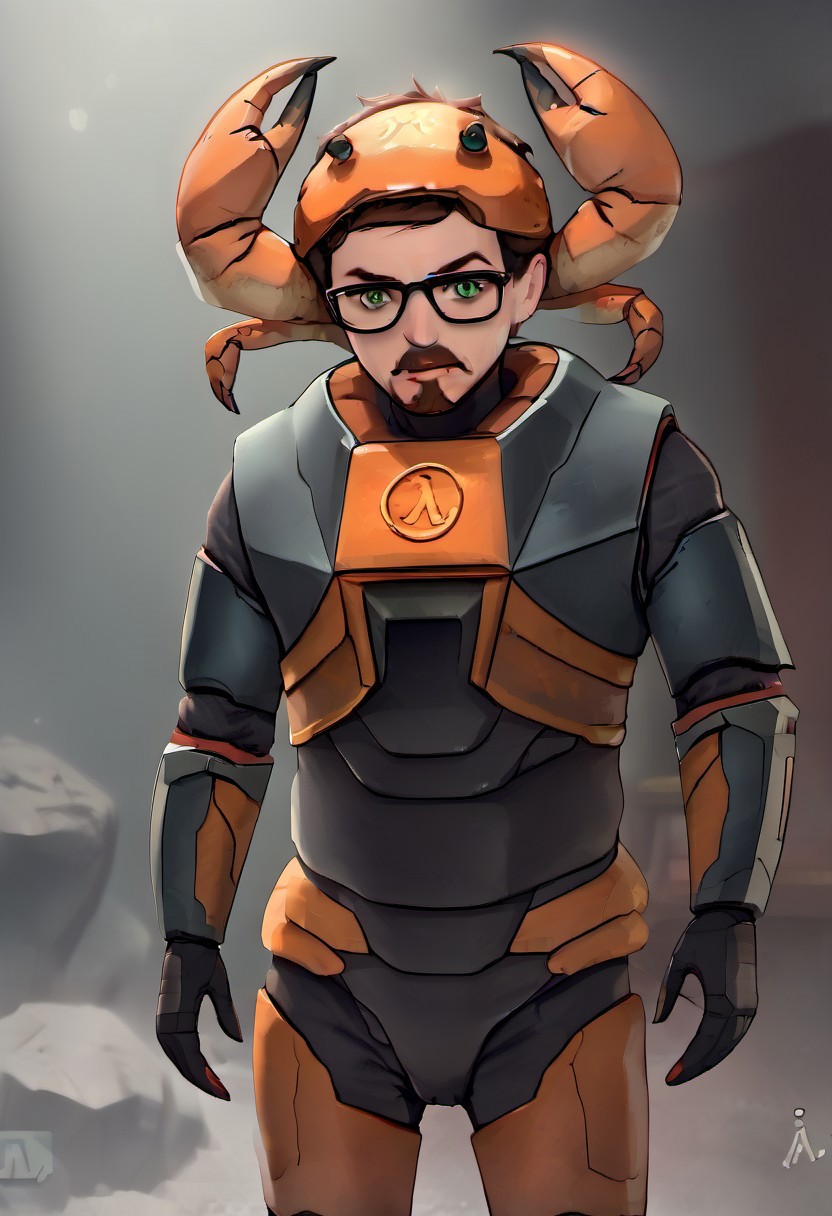 gordonfreeman, brown hair, short hair, facial hair, glasses, green eyes, power armor, crab on head