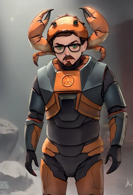 gordonfreeman, brown hair, short hair, facial hair, glasses, green eyes, power armor, crab on head