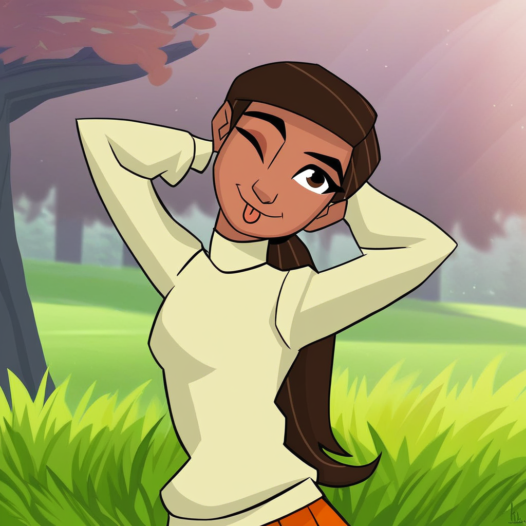 score_9, solo, karmi_bh6, brown hair, long hair, ponytail, dark-skinned female, sweater, skirt, grass, trees, hands behind head, head tilt, one eye closed, tongue, natural lighting