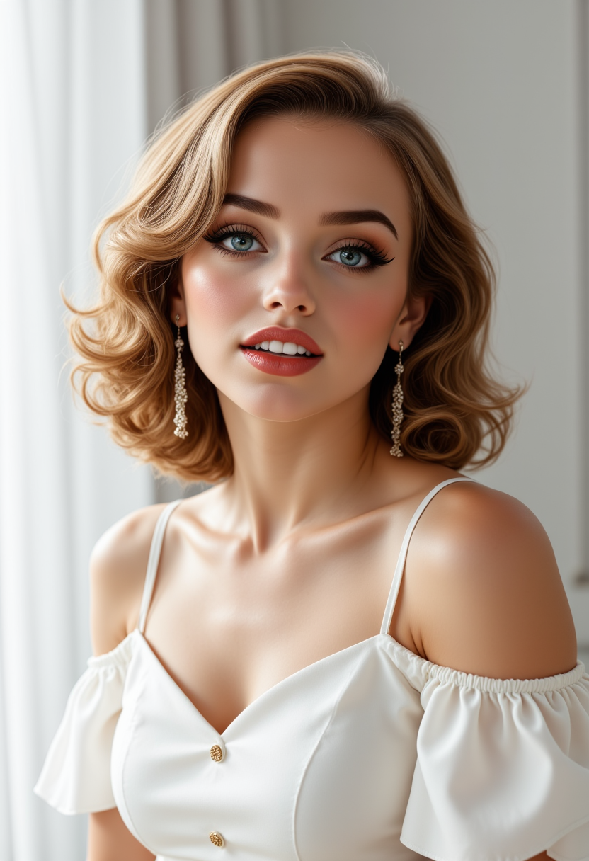 headshots, multiple angles,, retro50s_style, photoshoot poses; the image is a portrait of a S0phi@v2. she is standing. she has piercing eyes. She is wearing a white off-the-shoulder blouse with ruffled sleeves. She has happy look on her face. she is laughing with her mouth open. The background is a simple white wall. The overall mood of the image is happy.RAW candid cinema,16mm,color graded portra 400 film,remarkable color,ultra realistic,textured skin,remarkable detailed pupils,realistic dull skin noise,visible skin detail,skin fuzz,dry skin,shot with cinematic camera,detailed skin texture,(blush:0.2),(goosebumps:0.3),subsurface scattering,beautiful photograph in the style of Augustus John,Sergio Toppi,Virginia Frances Sterrett,8k HD,detailed skin texture,ultra realistic,textured skin,analog raw photo,cinematic grain,whimsical.perfection style