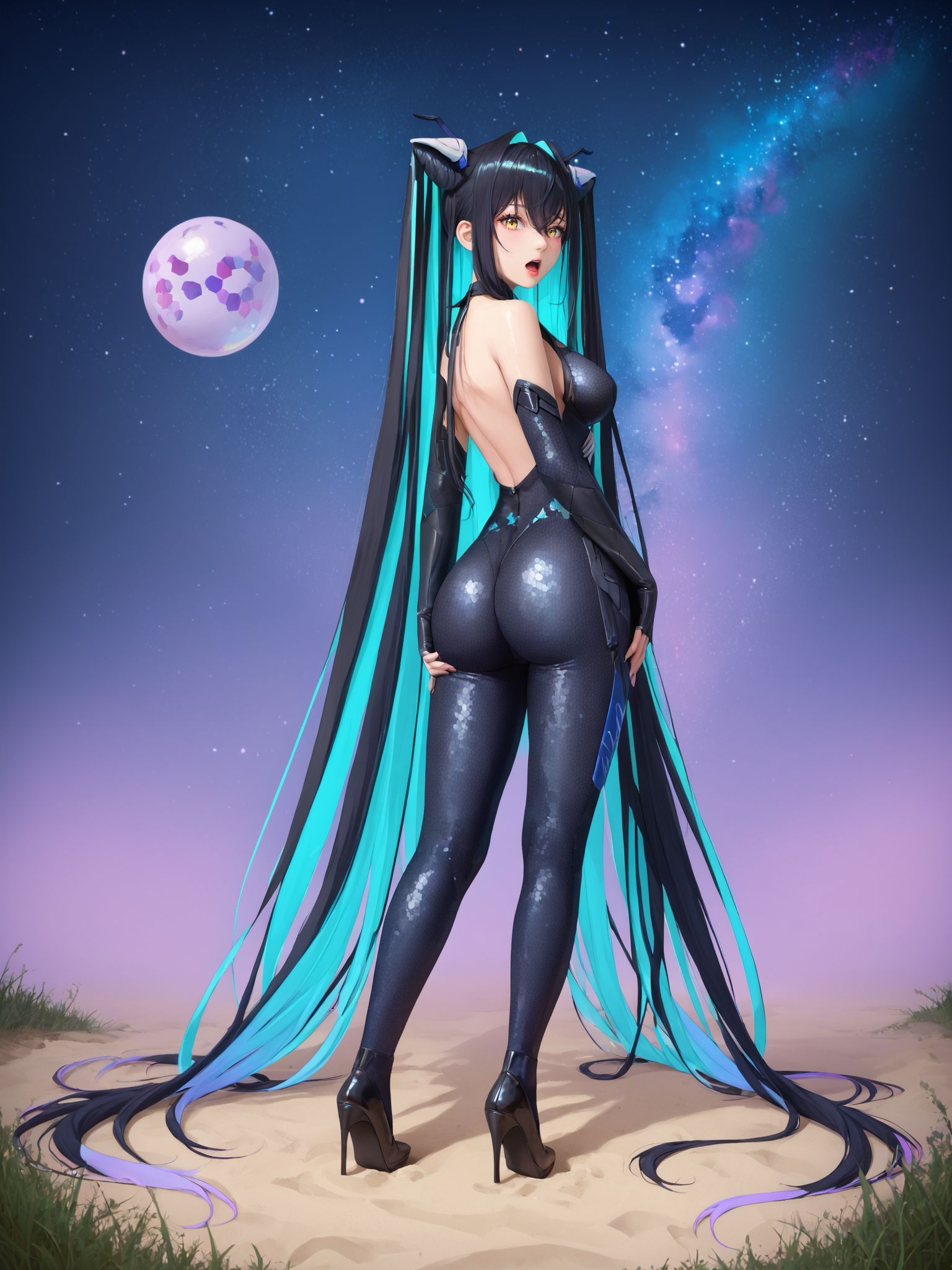 score_9, score_8_up, score_7_up, 1girl, solo, BREAK,
sirenlittlemermaidnikke, very long hair, hair intakes, twintails, hair between eyes, multicolored hair, colored inner hair, two-tone hair, black hair, aqua hair, yellow eyes, large breasts, BREAK,
black bodysuit, backless bodysuit, halterneck, covered navel, bare shoulders, gloves, hexagon print, honeycomb \(pattern\), honeycomb print, <lora:Little_Mermaid_Siren:1>, high heels, BREAK,
from behind, full body, looking back, looking at viewer, open mouth, BREAK,
grass, sand, starry sky background, gradient background, pink background, blue background