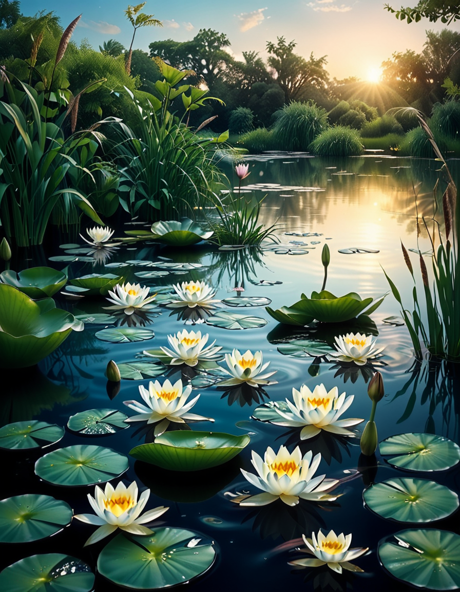 A highly detailed and realistic photograph of a serene lily pond surrounded by lush greenery. The calm water reflects the soft sunlight filtering through the overhanging trees. The surface is adorned with vibrant green lily pads, some with delicate pink and white water lilies in full bloom. A few dragonflies hover above the water, their wings catching the light. Gentle ripples create subtle distortions in the reflection of the sky and foliage. In the background, a dense array of reeds and aquatic plants frame the pond, adding depth and texture. The soft golden glow suggests late afternoon or early evening, enhancing the tranquil and picturesque atmosphere. The composition is balanced, drawing the viewerâs eye toward the natural beauty of the water lilies and their intricate details.
 <lora:SDXLFaeTastic2400:0.4> <lora:extremely_detailed:0.4> extremely detailed,<lora:lily_p0nd:1>,lily p0nd, Masterpiece,best quality,hi res,8k,hi res,8k,award winning,(sharp focus, intricate, highly detailed),