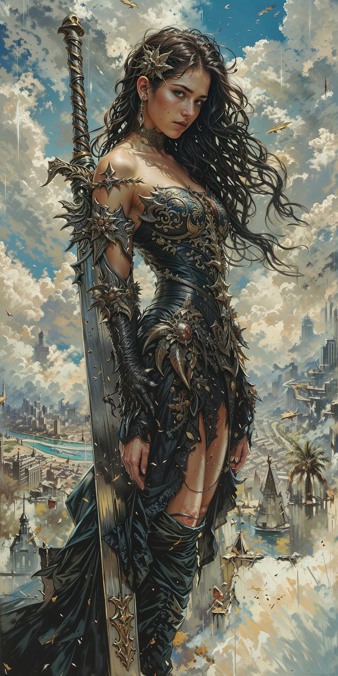 Highly detailed fantasy artwork featuring a warrior woman standing against a backdrop of a sprawling, fantastical cityscape. The style is a blend of realism and fantasy, with intricate details and vibrant colors. The woman has long, flowing dark hair, fair skin, and a determined expression. She is adorned in elaborate, dark armor with gold accents, and holds a large, ornate sword. The background features towering structures, lush greenery, and a sky filled with dramatic clouds, adding to the epic and otherworldly atmosphere of the scene.