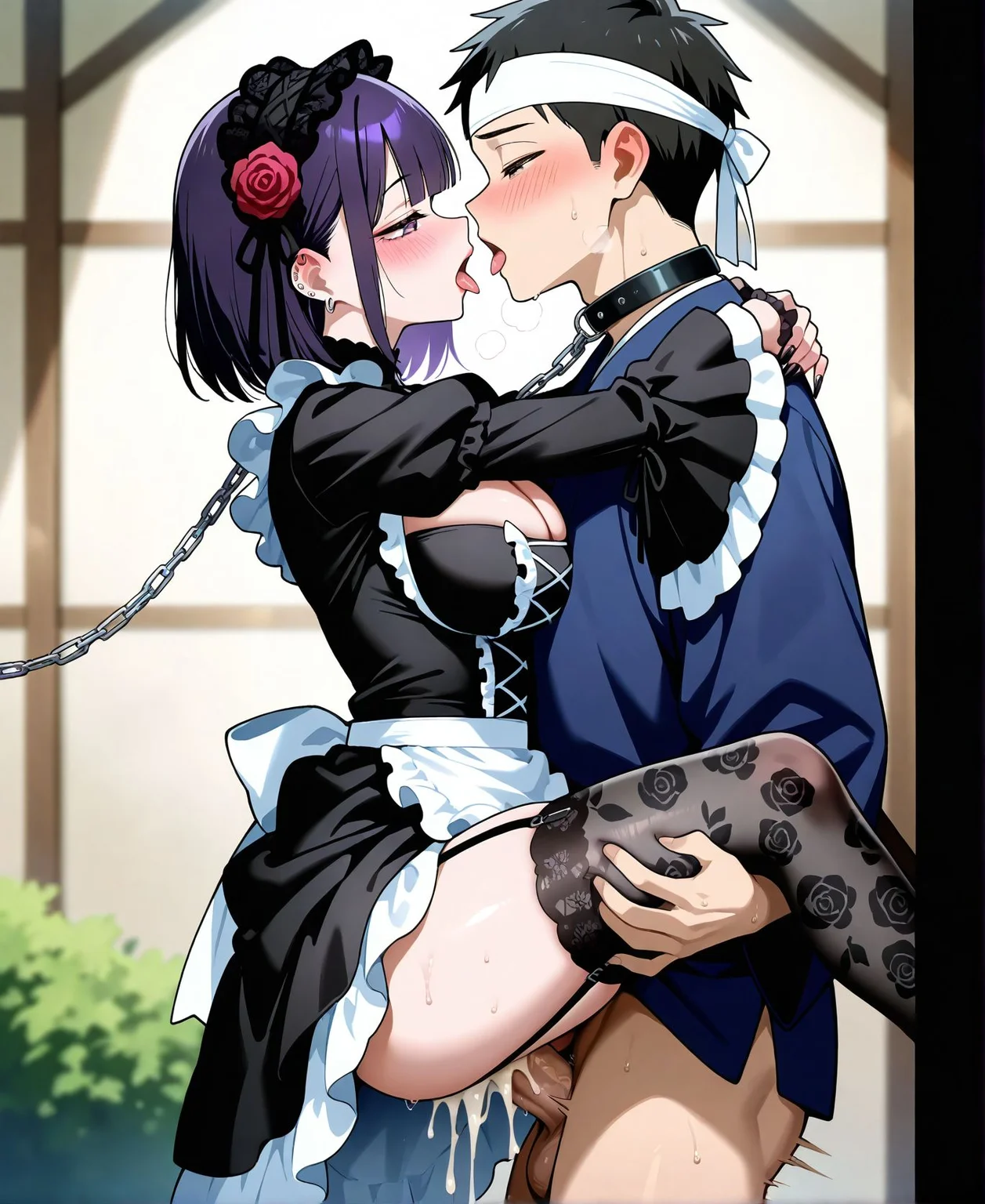 <lora:add-detail-xl:0.5>,masterpiece, best quality, newest, absurdres, highres, detailed eyes, beautiful, detailed background, perfect eyes, anime coloring, anime screencap,
<lora:standing_carry_sex-000035:0.5>standing_carry_sex,
1girl,1boy,hetero,sex, vaginal,bottomless,sweat,
suspended congress,sex from behind,from side,
standing carry sex,motion blur, motion blur, huge penis,
moaning, half-closed eyes, heavy breathing, steam,
cumdrip, imminent kiss, blush, tongue out,
outdoors,
<lora:MarinKitagawaV2:1> mk_shizuku, kitagawa marin, purple hair, short hair, purple eyes, blush, large breasts, long sleeves, hair ornament, dress, frills, hairband, necktie, black thighhighs, blunt bangs, hair flower, wide sleeves, nail polish, black dress, apron, collar, cosplay, detached collar, rose, chain, floral print thighhighs,, garter straps, frilled dress, black hairband, frilled sleeves, red flower, white apron, lipstick, black necktie, lace trim, waist apron, lace, frilled apron, gothic fashion, leash, black collar, gothic , hairband, bonnet, chain leash, wig, cross-laced dress,
gojou wakana,