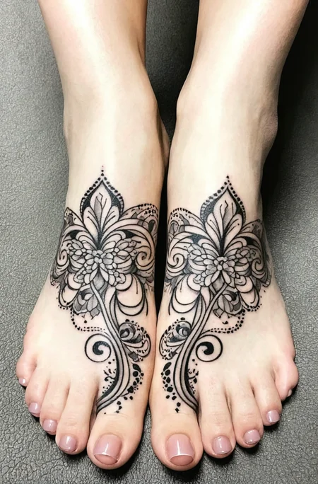Ornemental black grey abstract arabesques fleurs tattoo foot