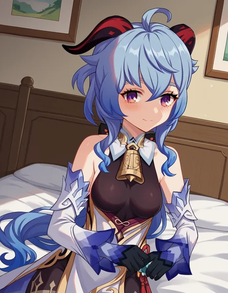 score_9, score_8_up, score_7_up, source_anime,
ganyu, <lora:genshin-ganyu-ingame-ponyxl-lora-nochekaiser:1>,
ganyu, blue hair, goat horns, horns, long hair, purple eyes, sidelocks, smile,
gloves, bare shoulders, detached sleeves, black gloves, bell, bodysuit, neck bell, black bodysuit, vision \(genshin impact\), bodystocking, cowbell, chinese knot,
indoors, bed, bed room, on side, blush, drunk,
looking at viewer, cowboy shot, dutch angle,