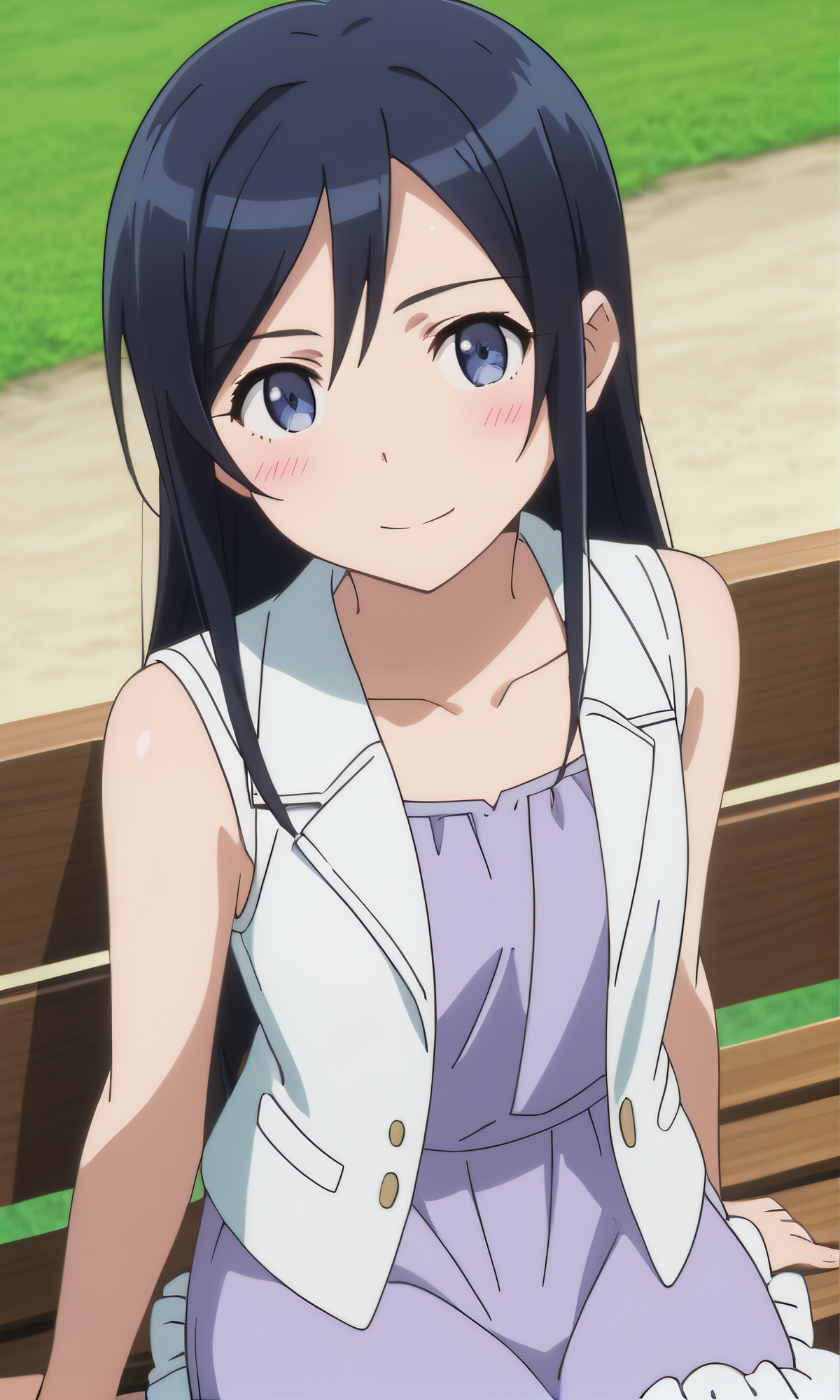 score_9, score_8_up, score_7_up, source_anime, rating_safe, intricate details, anime screencap, official style, anime coloring, 1girl, solo, <lora:Aragaki_Ayase:1>, ayase, dark hair, long hair, blue eyes, white vest, open clothes, sleeveless, light purple dress, collarbone, frilled skirt, looking at viewer, outdoor, cowboy shot, sitting on bench, hand on own ear, from above, smile, blush