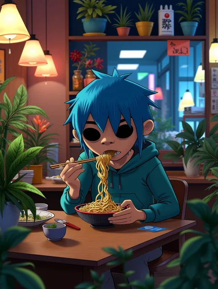grlzstyle, 2-D is a animated 3d character with blue hair and foggy dark black eyes, he's ravenously eating noodles alone His eyes are completely black due to his eye trauma, the noodle shop is filled with many Japanese plants lots of items on a shelf, cozy aesthetics lit by beautiful lamps of many colors, future neon aesthetic, cozy