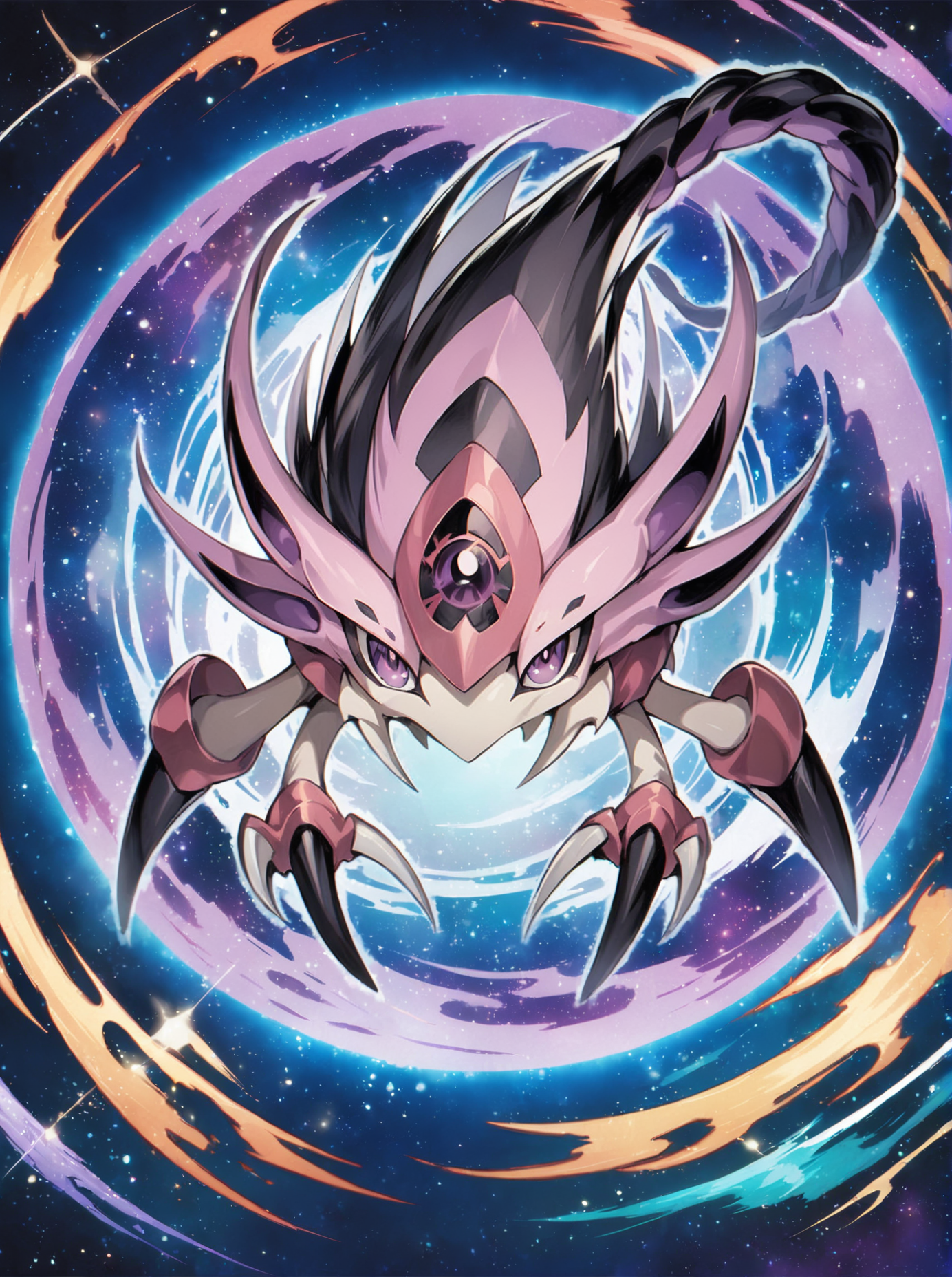 score_9, score_8_up, score_7_up, source_anime, (Masterpiece:1.3), (best quality:1.2), <lora:yu_gi_oh_art:1>, yu_gi_oh_style, solo, no humans,  (creature), full body, space, yugioh (creature), claws, purple eyes, closed mouth, black eyes, multicolored background, looking at viewer