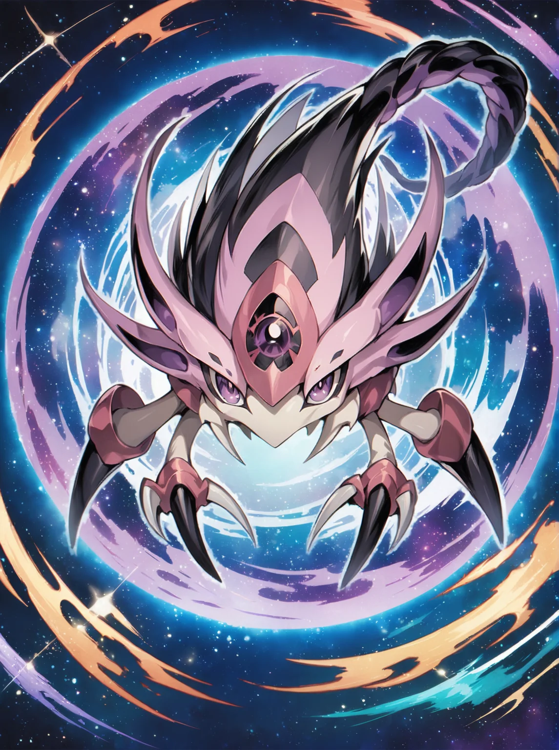 score_9, score_8_up, score_7_up, source_anime, (Masterpiece:1.3), (best quality:1.2), <lora:yu_gi_oh_art:1>, yu_gi_oh_style, solo, no humans, (creature), full body, space, yugioh (creature), claws, purple eyes, closed mouth, black eyes, multicolored background, looking at viewer