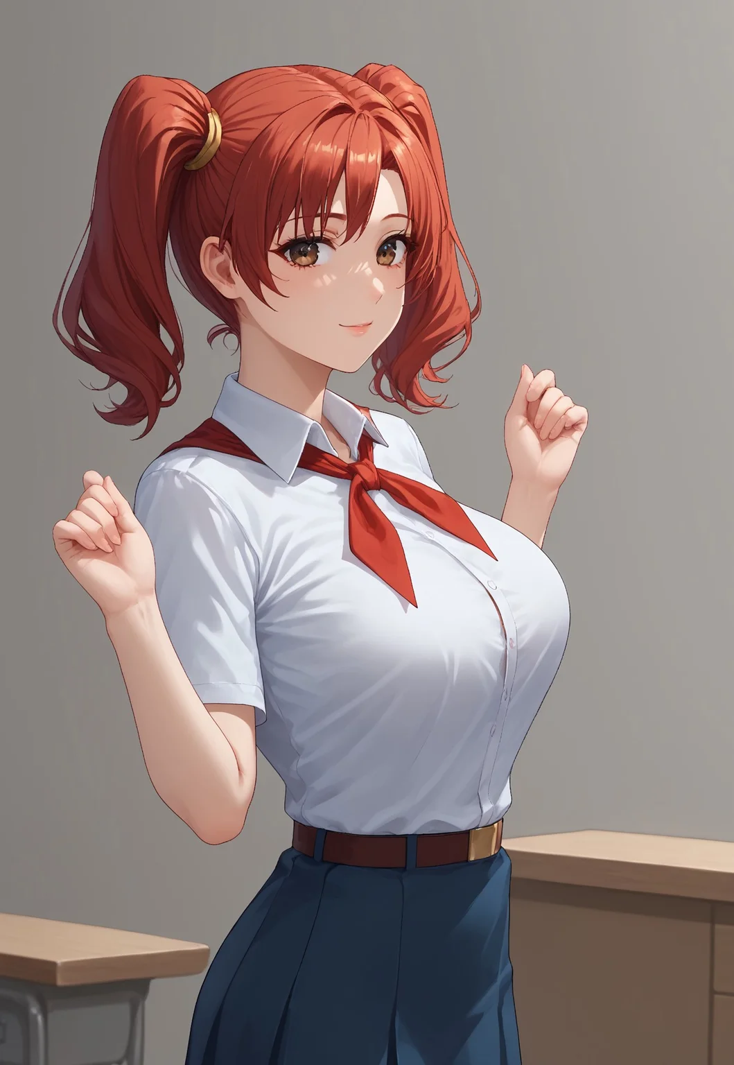 safe_pos, score_9, score_8_up, score_7_up,<laura:expressive_n: 1>, expressive_n, detailed eyes, beautiful, detailed background, perfect eyes,, expressive, 1 girl, visual novel character, sexy 20 year old girl, solo, <lоra: ikarus-chan_close:0.70>, hort hair, red hair, two ponytails, shoulder-length ponytails, brown eyes, big chest,1 girl, solo, brown eyes, big breasts, beautiful eyes, masterpiece, perfect face, face close-up, standing, back view, top view, hands behind your head, hands up, butt focus, game room, chest side view, white collared shirt, simple, short sleeves, red neckerchief, blue skirt, belt, white socks,