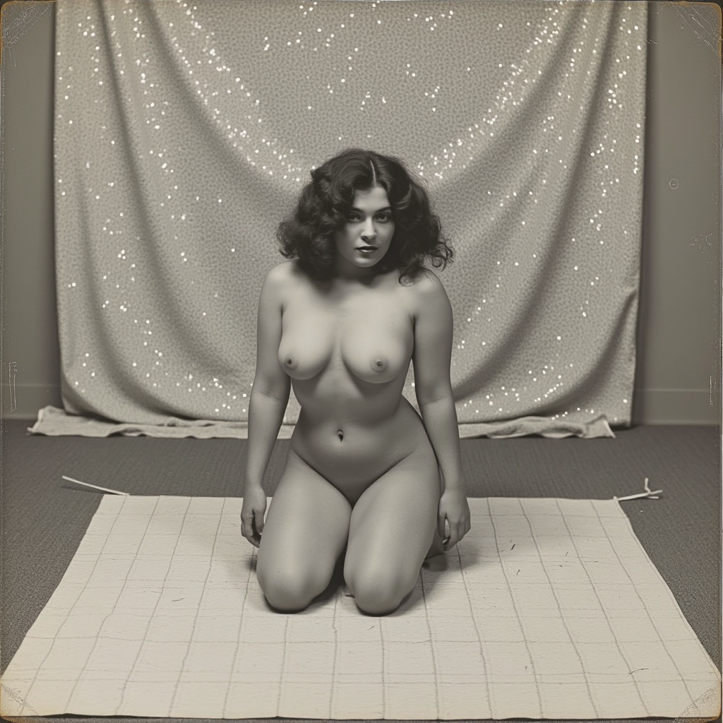 V1nt4g3. This black-and-white photograph captures a nude woman kneeling on a textured, light-colored surface, possibly a rug or a floor with a subtle grid pattern. She is positioned in the center of the image, with her knees bent and her feet tucked under her body, creating a modest pose. The woman is a voluptuous individual with a curvaceous figure, full breasts, and a soft, smooth skin tone. Her hair is styled in voluminous, wavy curls, reaching just below her shoulders, and falls naturally over her shoulders. Her facial features are striking, with full lips, high cheekbones, and large, expressive eyes that are slightly tilted towards the camera, giving a sultry, confident look. She has a prominent nose and a strong jawline. The background consists of a textured, shimmering curtain or backdrop, which adds a subtle sparkle to the scene.
