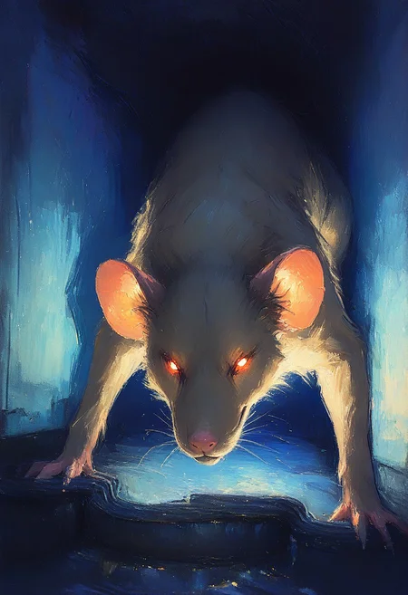 ArsMJStyle, Impressionism, Jedst1, oil painting, brushstrokes, masterpiece, high_quality, best_quality, closeup, rat,  brown fur, glowing eyes, crawling in sewer, evil smile, dark, shadow, sketch background, gradient background, dynamic angle, upd25
