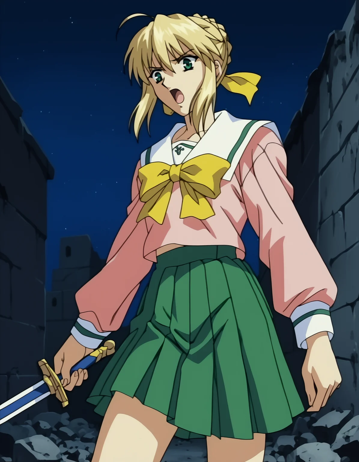 score_9, score_8_up, score_7_up, <lora:shuusaku-ova-ponyxl-000006:1> saber, artoria pendragon \(fate\), serafuku, pink shirt, yellow bow, pleated skirt, green skirt,
1girl, solo, excalibur \(fate/stay night\), dramatic, rubble, embers, night, cowboy shot, open mouth, v-shaped eyebrows