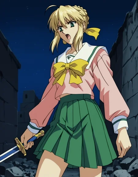 score_9,  score_8_up, score_7_up, <lora:shuusaku-ova-ponyxl-000006:1> saber, artoria pendragon \(fate\), serafuku, pink shirt, yellow bow, pleated skirt, green skirt,
1girl, solo, excalibur \(fate/stay night\), dramatic, rubble, embers, night, cowboy shot, open mouth, v-shaped eyebrows