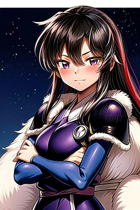 best quality 1girl Setsun4 solo long hair, (night time) forest background black hair very long hair purple eyes multicolored hair armor, small, (fur trim) (medium body),<lora:EMS-179-EMS:0.800000>,<lora:EMS-293862-EMS:0.800000> bow, hair_bow, hair_tubes, red_bow, brown_hair, long_hair, bangs, ascot, frilled_bow, yellow_ascot, blush, smile, hair_between_eyes, athletic, armor, miko, strengthmda, crossed arms,