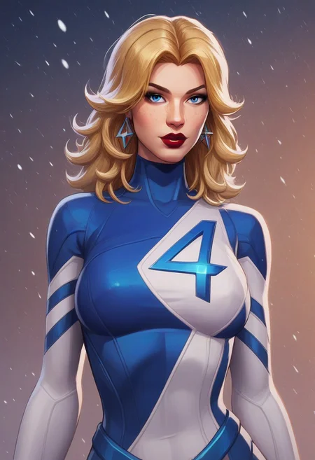 score_9, score_8_up, score_7_up, score_6_up, score_5_up, score_4_up, (masterpiece, best quality:1.15), newest, highres, rich details, amazing quality, high contrast, full-length portrait, cheating wife), 1girl rivalsuestorm, "4" Logo, (official art), blonde hair, blue eyes, bodysuit, superhero, curvy, female focus, snowing, freckles, detailed skin, (striped lipstick, green lipstick, black lipstick, red lipstick), MarvelRivals,, high-contrast,