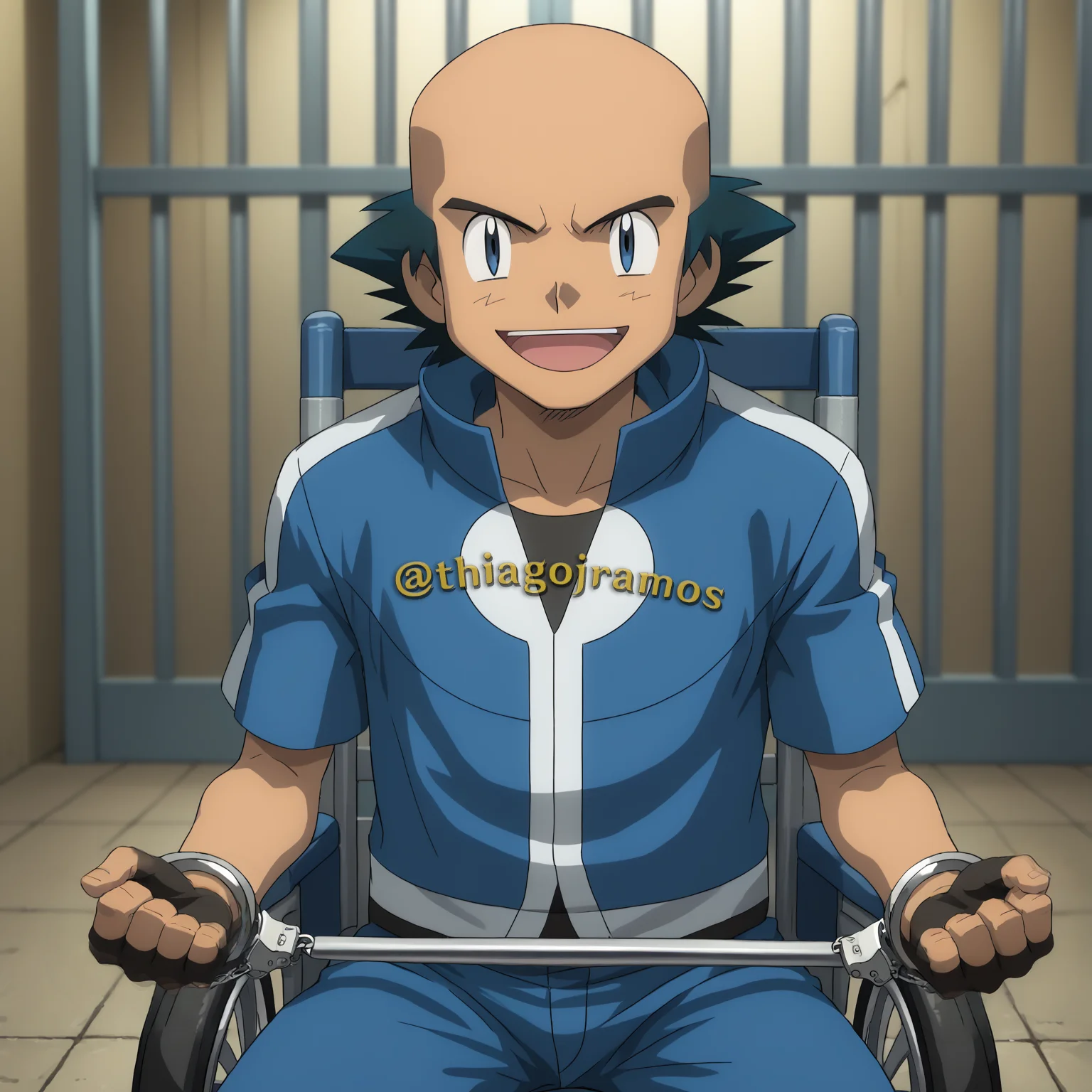 score_9, score_8_up, score_7_up, source_anime, 1boy, solo, male_focus, slender, skinny, black eyes, black hair, ash_kanto, gloves, solo, fingerless gloves, bald, denim, blue jacket, smile, open mouth, pokemon, Through prison bars, with handcuffs on the wrists, Clinging on prison bars, wheelchair, sitting, looking at viewer, <lora:Through_prison_bars:1>, <lora:Wheelchair_XLPD:0.8>, <lora:Ash_Ketchum-000009:0.9>, ash_ketchum, <lora:handcuffs:0.75>