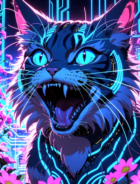 (anime screencap:1.3) of a Ethereal cat wide open its mouth revealing sharp fangs in a colorful floral field, with cybernetic patterns faintly overlaying the background.
extremely intricate soft glows on the intricate circuit lines, creating a sense of energy. intricate neon light reflections subtly integrated on the cat's fur.
Close-up of the digital elements, showing detail.