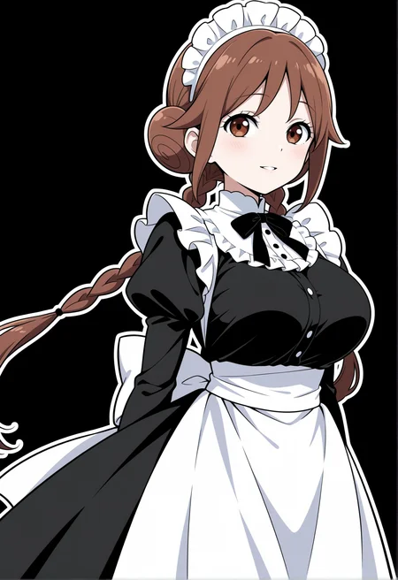 masterpiece,best quality,amazing quality, (aged up:1.2), anime coloring, flat colors,
<lora:NoobV065sHyperDmd:.5>,
<lora:tachibana_yuzuki_meipaws:.9> 1girl, black background, frilled apron, frills, white outline, maid headdress, black dress, simple background, long sleeves, black ribbon, white apron, waist apron, juliet sleeves, puffy sleeves, neck ribbon, back bow, large breasts, arms behind back, light smile, twin braids, looking at viewer, cowboy shot, alternate costume, hair bun, dot nose, tareme, parted lips, white bow, high collar, double bun, long dress, frilled collar, standing, light blush, arms at sides, frilled hairband, brown hair, brown eyes, looking to the side, enmaided, frilled shirt collar, waist bow, floating hair, maid apron, sidelocks, buttons, low twin braids