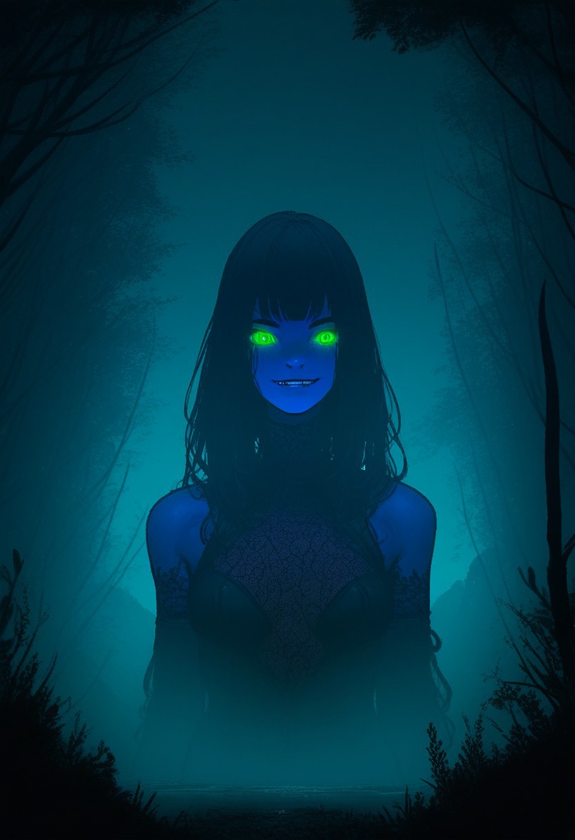 score_9, score_8_up, score_7_up, score_6_up, score_5_up, flat color, sinozick style, john kafka, (1girl, blue skin, seductress, succubus, naughty smile, green eyes, glowing eyes), succubus costume, (forest, giant, CR33P1NGF0G, fog)