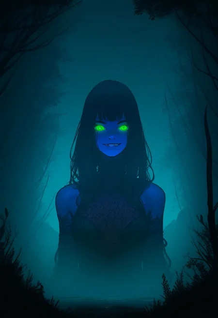 score_9, score_8_up, score_7_up, score_6_up, score_5_up, flat color, sinozick style, john kafka, (1girl, blue skin, seductress, succubus, naughty smile, green eyes, glowing eyes), succubus costume, (forest, giant, CR33P1NGF0G, fog)