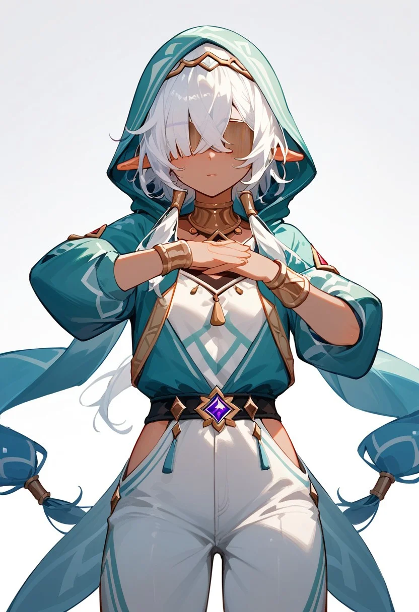 (score_9,score_8_up,score_7_up),1girl, short, dwarf,dark tan skin, white hair, hair covering eyes, elf, hooded jumpsuit, baggy Arabian outfit, peacock themed, Genshin_Iansan kaeya_GenshinImpact