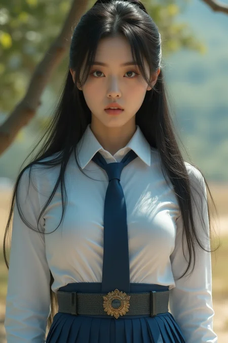 [15]Realistic photograph, close-up, upper body, face focus, long hair, dynamic angle, dynamic pose, A stunning real large breasts woman with long, flowing dark hair, her piercing gaze directly addressing the viewer. High Fashion, A highly detailed, realistic digital photo of a 28 years old woman with a pale complexion, emphasizing her enigmatic and mystical aura, high resolution, rich textures, and contemplative mood. Her eyes are a deep piercing, dynamic, dramatic, haute couture, elegant, ornate clothing, dark straight hair with a few loose strands framing her face, against a light gradient background, necktie, skirt, ponytail, school uniform, shirt, looking at viewer, outdoors, white shirt, blue skirt, tree, cosplay, belt, The scene should take place during a sunny day with a warm and clear atmosphere. Incorporate sun flares or lens flares to add depth and interest to the image.
