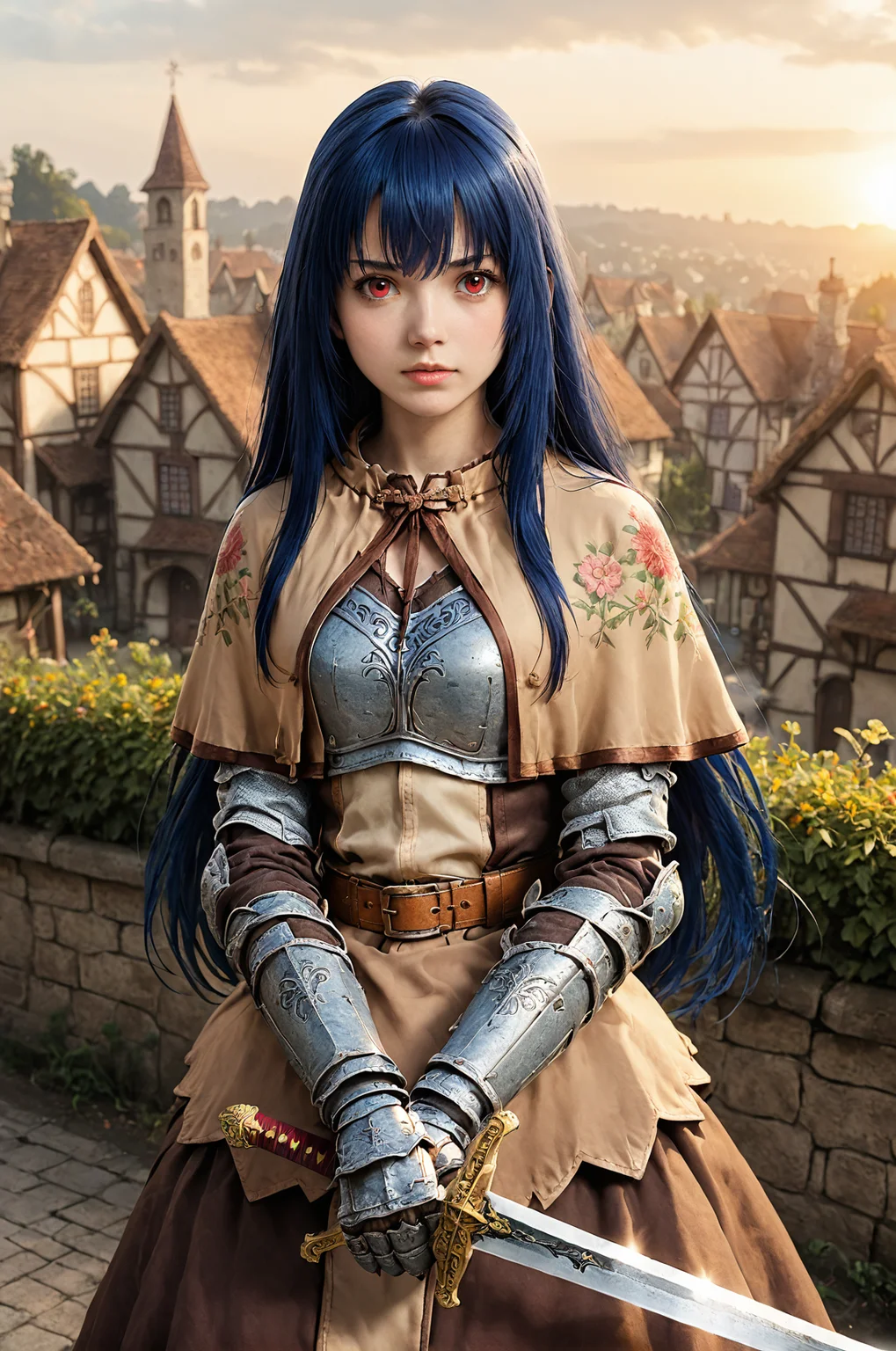 <lora:swordsRoPonyV3.0:0.95>,swdro, armor, capelet, armored dress, belt, armored gloves, long brown skirt, floral print,
1girl, solo,
blue hair, long hair, red eye, bangs,
standing, holding sword,
upper body,
outdoor, village, fantasy background, clearly sky, morning,