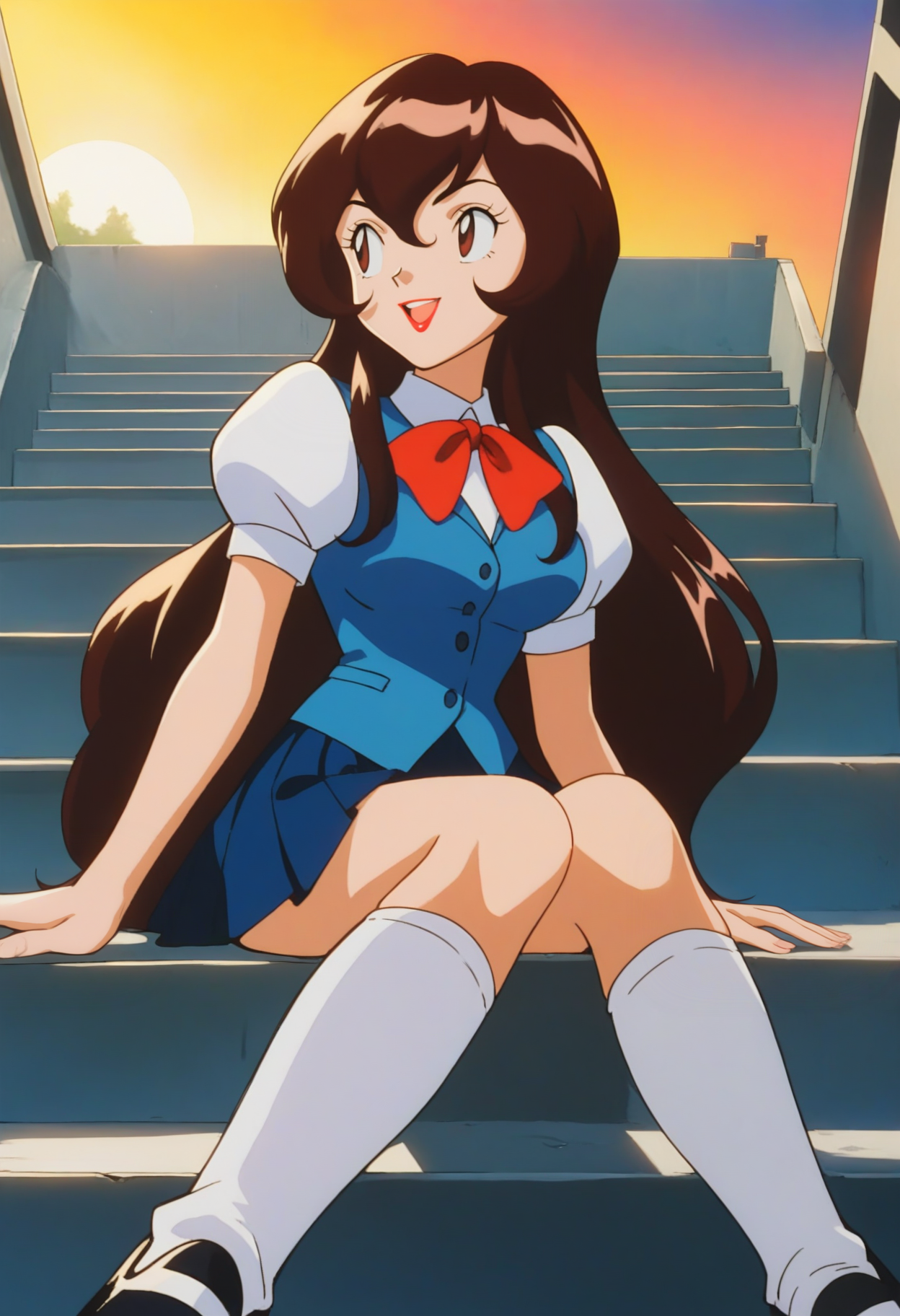 score_9, score_8_up, score_7_up, score_6_up, source_anime, BREAK 
<lora:PMGiselle:0.8>, PMGiselle, 1girl, very long hair, brown hair, hair between eyes, bangs, brown eyes, lipstick, breasts,
puffy short sleeves, white kneehighs, red bowtie, white shirt, blue vest, blue skirt, pleated skirt, black shoes,
looking away, on ground, smile, open mouth, sitting on stairs,
BREAK school, dusk, sunset,