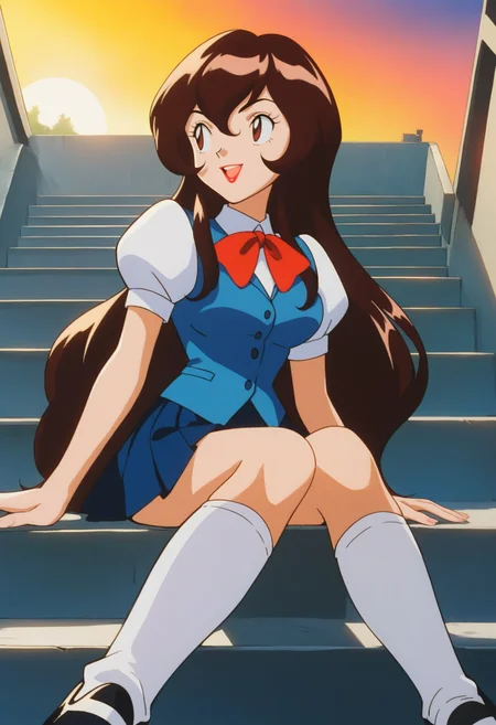 score_9, score_8_up, score_7_up, score_6_up, source_anime, BREAK 
<lora:PMGiselle:0.8>, PMGiselle, 1girl, very long hair, brown hair, hair between eyes, bangs, brown eyes, lipstick, breasts,
puffy short sleeves, white kneehighs, red bowtie, white shirt, blue vest, blue skirt, pleated skirt, black shoes,
looking away, on ground, smile, open mouth, sitting on stairs,
BREAK school, dusk, sunset,