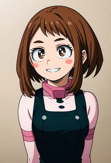 1girl, ochako_uraraka, brown hair, brown eyes, white pupil, blush stickers, smiling, ANIMESTYLE