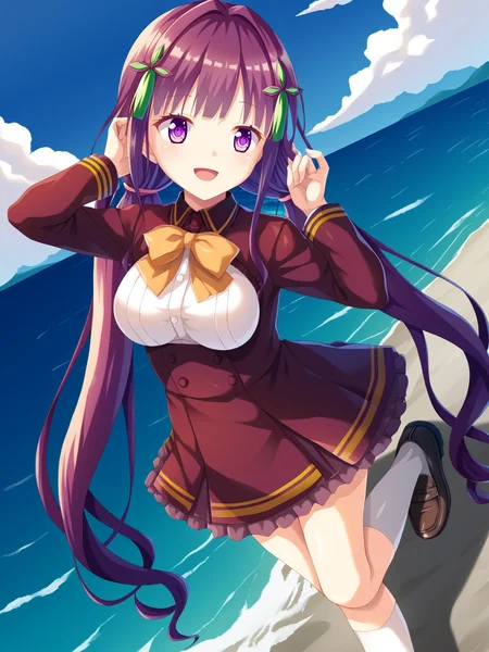 <lora:Escude_-_Yamizome_Liberator_-_All_in_One:1>,schooluta,escude,uta,1girl,solo,long hair,open mouth,twintails,smile,very long hair,school uniform,purple eyes,socks,full body,shoes,hair ornament,white socks,loafers,violet hair,skirt,breasts,kneehighs,blush,bangs,frills,bow,high-waist skirt,low twintails,cliff,ocean,sea,beach,looking to the side,adjusting hair,excited,smile,, score_9, score_8_up, score_7_up,source_anime,(masterpiece),(best quality),(ultra-detailed),(best illustration),(best shadow),(absurdres),(detailed background),(very aesthetic),source_anime