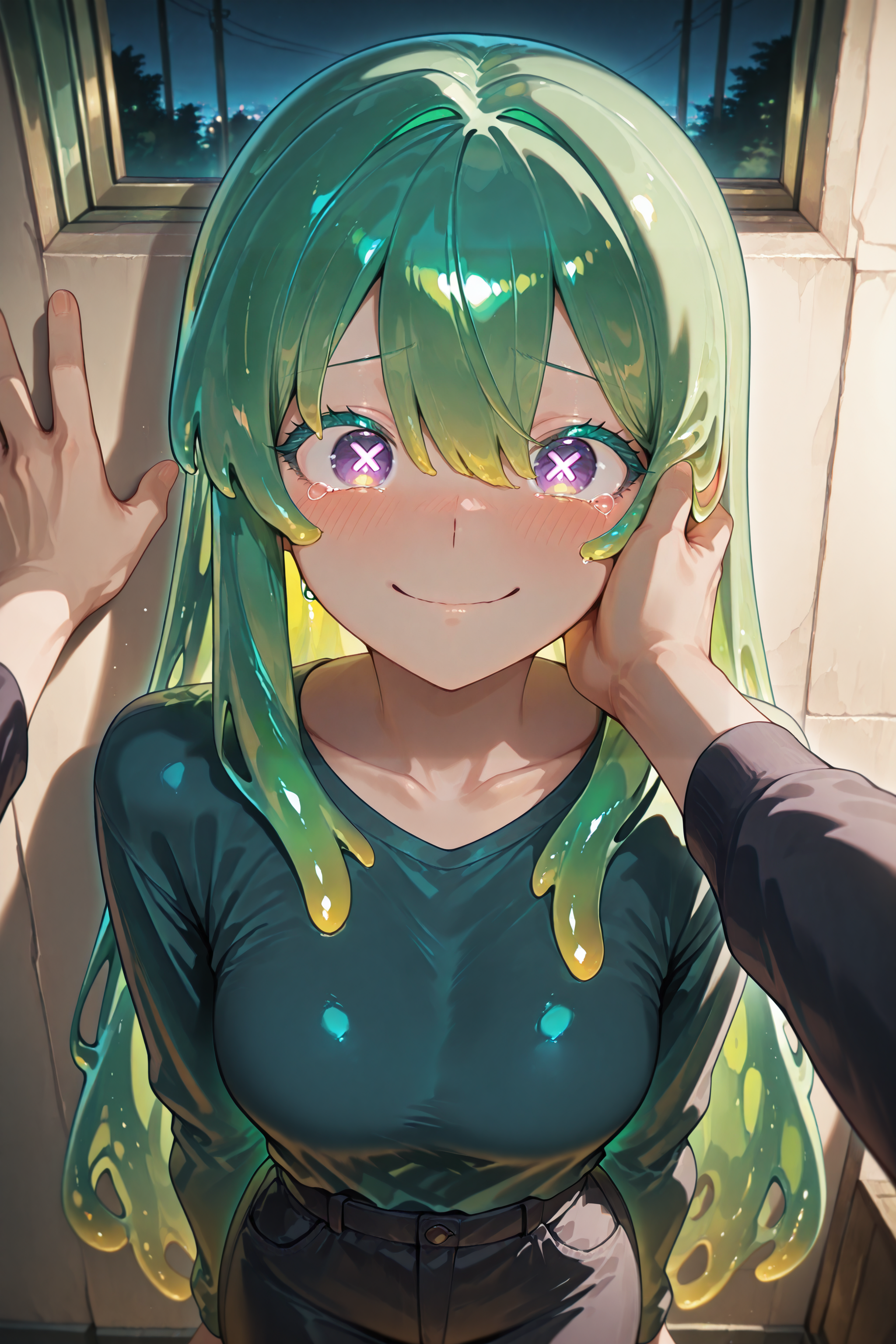 masterpiece, best quality, amazing quality, solo, girl, night, dark, cool, epic, <lora:POV_Kabedon__POV_back_against_wall:0.8> povkabedon, 1girl, solo focus, male hand on cheek, one hand on wall,
BREAK <lora:Neneya_Green_Illustrious:0.8> Neneya Green, green hair, purple eyes, x-shaped pupils, blushing, happy, tears,