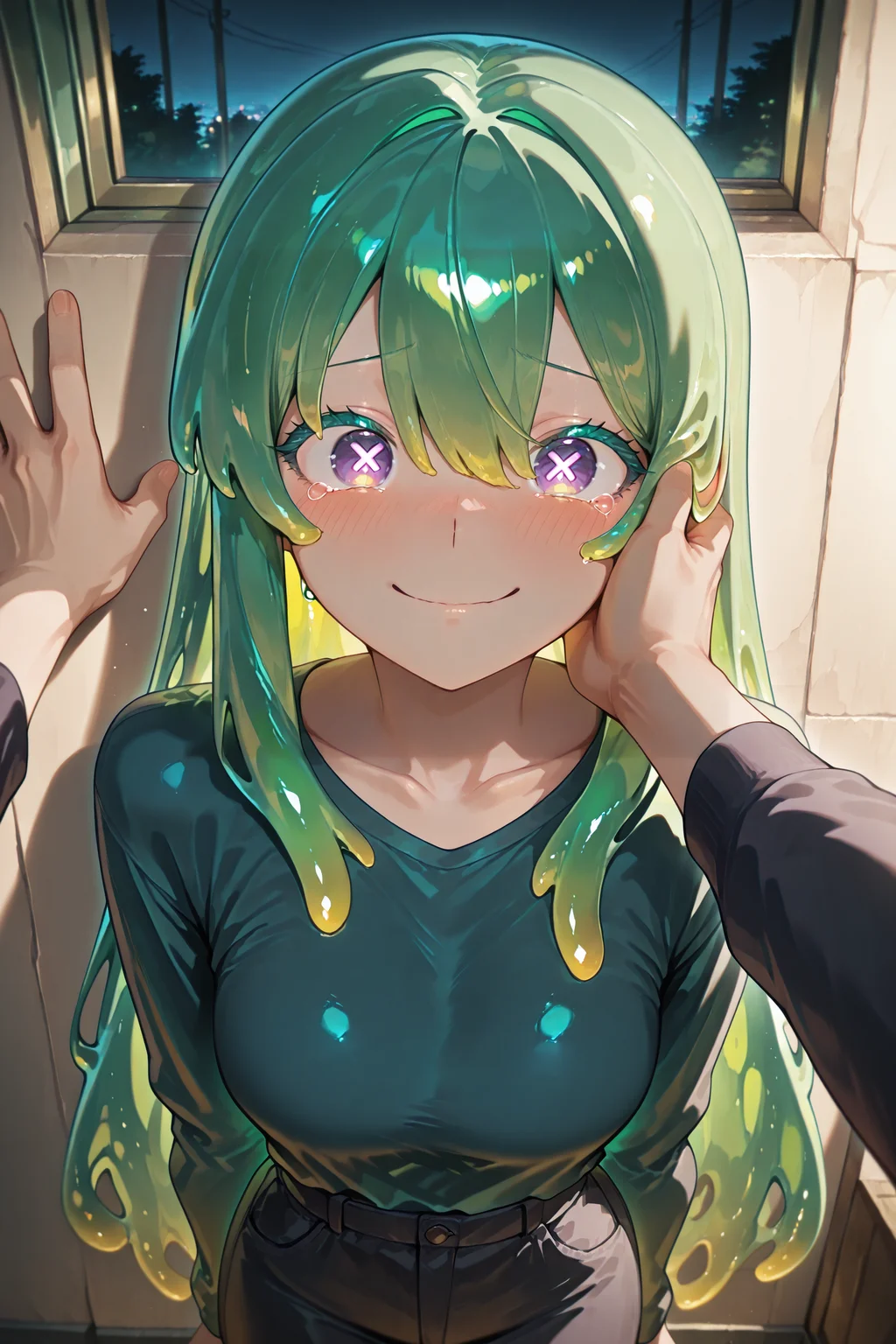 masterpiece, best quality, amazing quality, solo, girl, night, dark, cool, epic, <lora:POV_Kabedon__POV_back_against_wall:0.8> povkabedon, 1girl, solo focus, male hand on cheek, one hand on wall,
BREAK <lora:Neneya_Green_Illustrious:0.8> Neneya Green, green hair, purple eyes, x-shaped pupils, blushing, happy, tears,