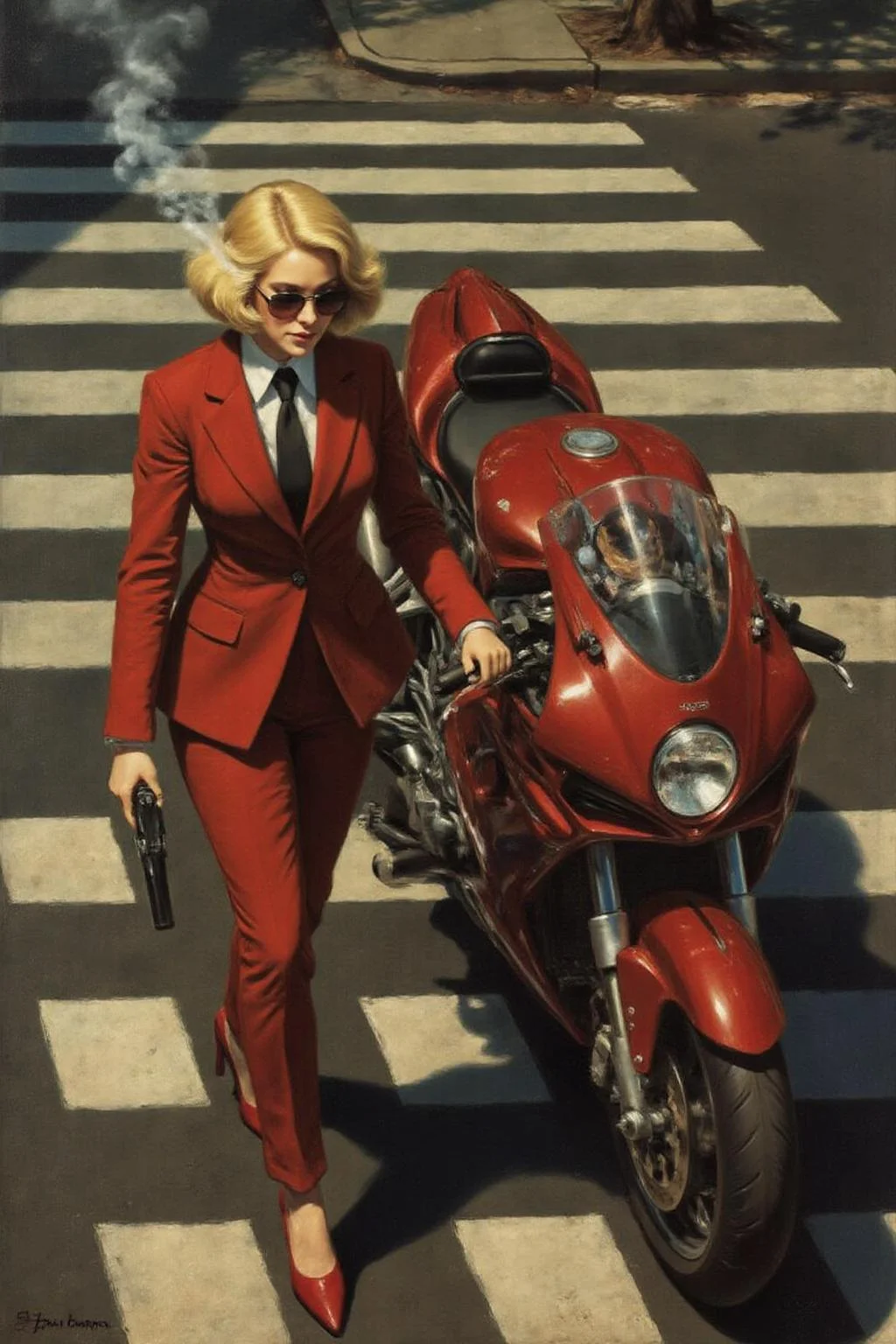 jore1 painting.
Overhead shot of an Blonde woman walking away from a futuristic motorcycle parked at a zebra crossing. The woman has bob hair, is smoking. She wear a red business suit, white shirt, black tie, and sunglasses. She holds a gun with a confident grip. The motorcycle itself is red, sleek and metallic, with intricate designs and a futuristic vibe <lora:jore1_cap_d6a3e12:1.0><lora:818383379763542429:0>