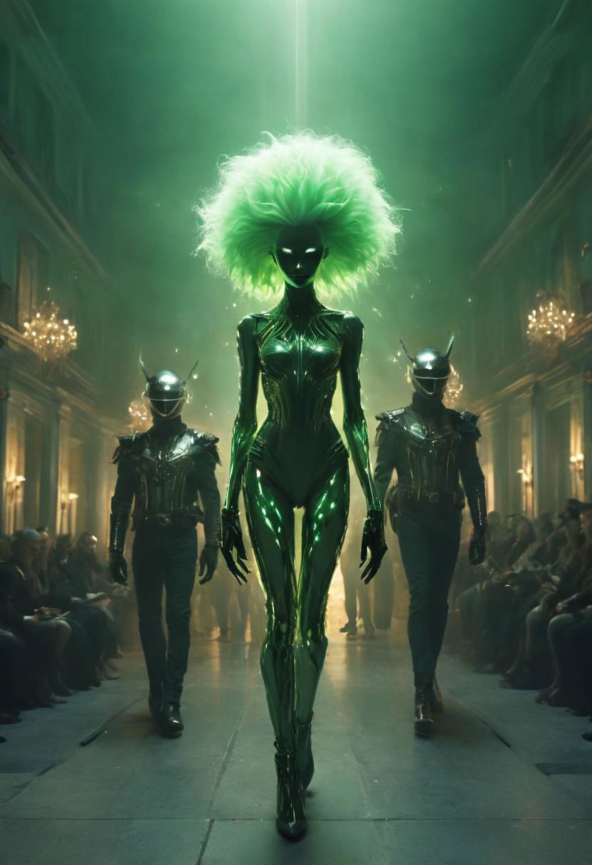 Neo rococo laser Shooting Cyberpunk Daftpunk in Green Xmas Jean Paul Gaultier Advertisement, greenteam AI overlord