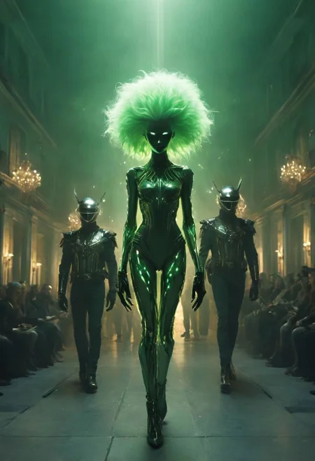 Neo rococo laser Shooting Cyberpunk Daftpunk in Green Xmas Jean Paul Gaultier Advertisement, greenteam AI overlord