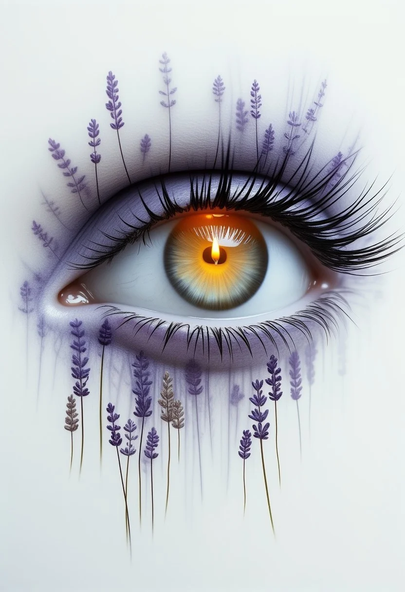 Photo of a double exposure picture in the shape of a human eye, inside the eye shape is a detailed image of a lavendar angel and small burning candle. like an angel guiding the future path