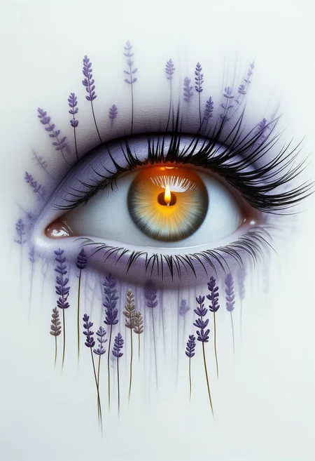 Photo of a double exposure picture in the shape of a human eye, inside the eye shape is a detailed image of a lavendar angel and small burning candle. like an angel guiding the future path