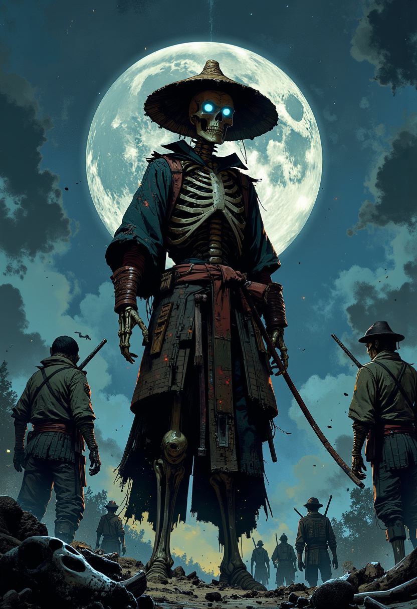a skeletal samurai as the central subject. The samurai stands prominently in the foreground, wearing a tattered, dark robe and a wide-brimmed straw hat. Its skeletal structure is intricately detailed, with glowing blue eyes and a menacing grin. The background is a moonlit night sky, with a large, full moon casting an eerie glow over the scene. Surrounding the samurai are other skeletal figures, some holding weapons, creating a sense of an undead army. The landscape is barren, with scattered bones and weapons, enhancing the ominous atmosphere. The color palette is dominated by shades of blue, gray, and black, contributing to the haunting and mystical ambiance of the artwork. <lora:FluxMythP0rtr4itStyle:0.7> mythp0rt, <lora:Luminous_Shadowscape:0.6>