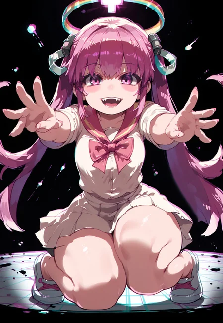 glitch, Five fingers, score_9, score_8_up, score_7_up, score_6_up, rave, dance floor, disco, POV, lens focus, 2d, 1girl, arms reaching out, knees, glitch, solo, smile, giffany, pink eyes, pink hair, gravity falls, hairpieces, schoolgirl uniform, rainbow hairpieces, long hair, spitting to viewer,incoming kiss, thin thighs, hair between eyes, dark halo, open mouth, fangs, evil smile, slim, skinny, pixel, commodore, glitch, Speed line,dynamic, thin fingers, glitch