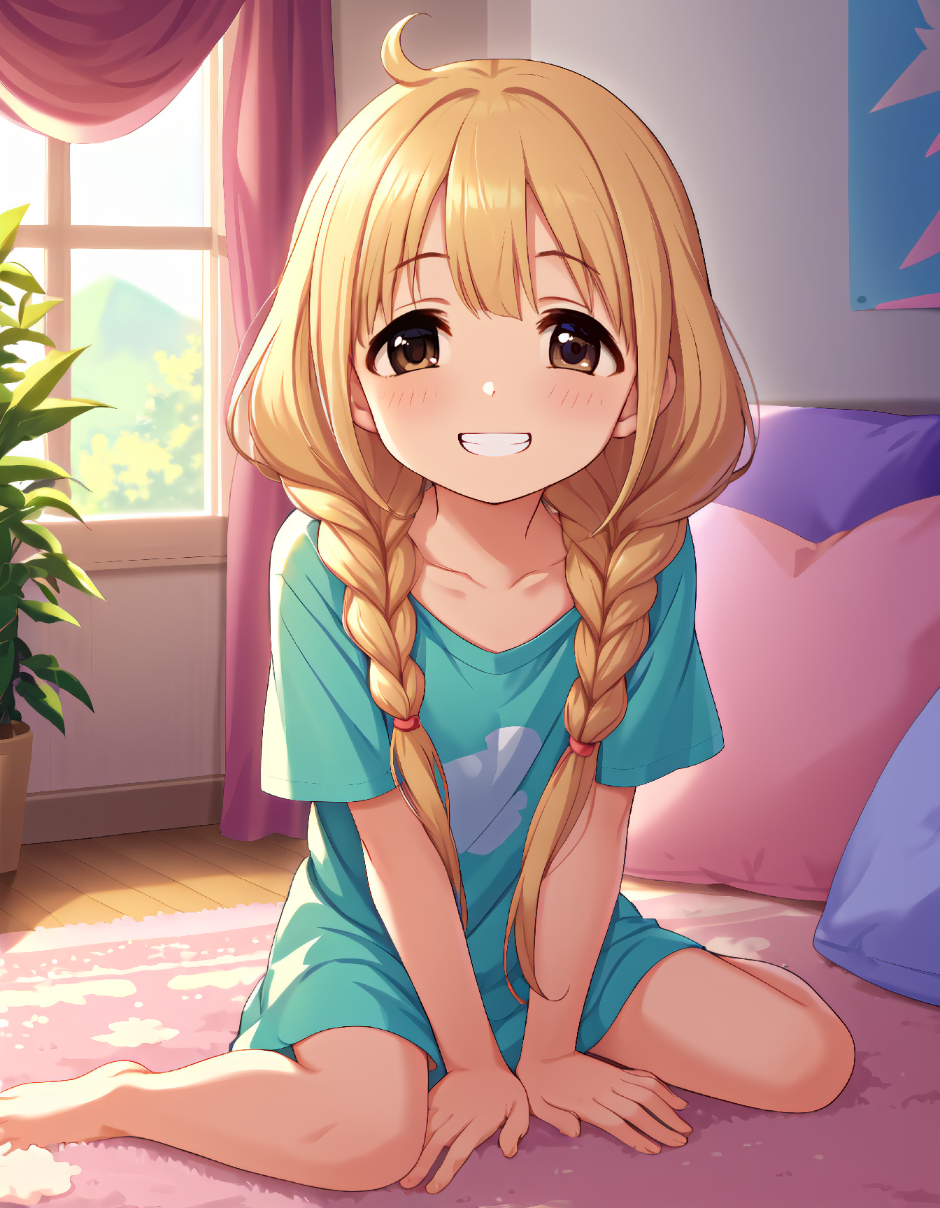 score_9, score_8_up, score_7_up, rating_sensitive, uncensored, source_anime, rating_explicit, (4 finger:0.5), (embedding:zPDXL:1) BREAK volumetric lightning,detailed skin texture,detailed,volumetric shadow BREAK 1girl, solo, languid, smile, grin, looking at viewer, sitting, indoors, pink rug, cushion, sunlight, ftbanz,short petite, very long hair, blonde hair, low twintails, twin braids, hair over shoulder, hair bow, ahoge, bangs, brown eyes, flat chest, oversized shirt, long t-shirt,