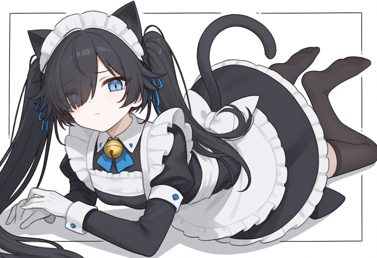 (Maid-kasli), solo, white gloves, dress, hair over one eye, maid apron, blue eyes, twintails, cat ears, maid headdress, maid, gloves, 1girl, apron, juliet sleeves, long sleeves, long hair, black hair, animal ears, bell,(Fall down),