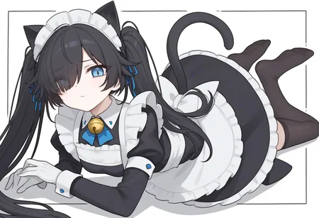 (Maid-kasli), solo, white gloves, dress, hair over one eye, maid apron, blue eyes, twintails, cat ears, maid headdress, maid, gloves, 1girl, apron, juliet sleeves, long sleeves, long hair, black hair, animal ears, bell,(Fall down),