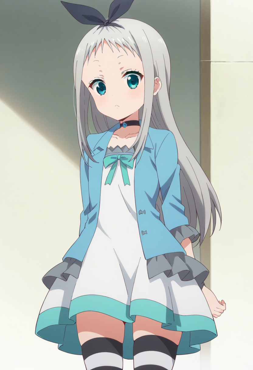 score_9, score_8_up, score_7_up, score_6_up, score_5_up, score_4_up , anime coloring ,BREAK source_anime, anime,best quality, masterpiece,
1boy, solo, hideri, long hair, white dress, skirt, bow, ribbon, aqua eyes, black hairbow, grey hair, male focus, choker, striped, zettai ryouiki, cosplay, otoko no ko, striped thighhighs, blue jacket, open jacket,   <lora:PonyXL Hideri V2:1>
looking at viewer,