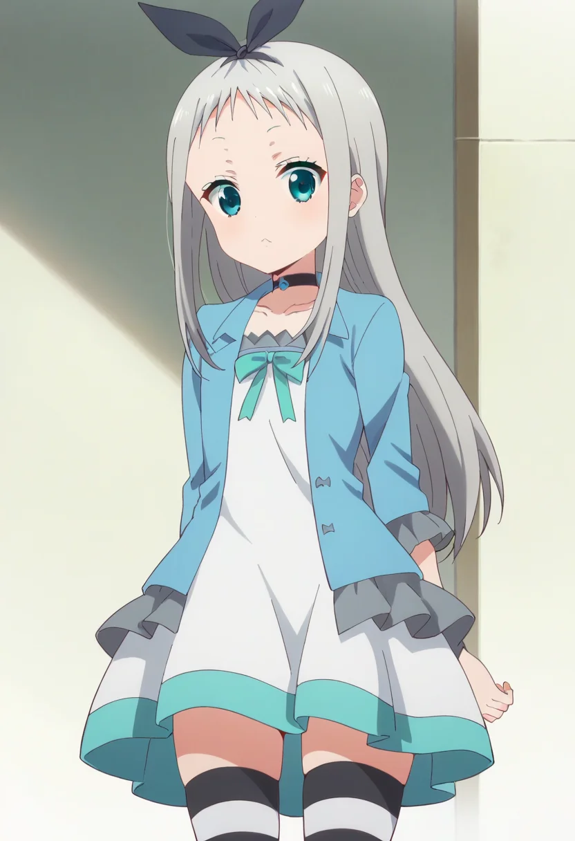 score_9, score_8_up, score_7_up, score_6_up, score_5_up, score_4_up , anime coloring ,BREAK source_anime, anime,best quality, masterpiece,
1boy, solo, hideri, long hair, white dress, skirt, bow, ribbon, aqua eyes, black hairbow, grey hair, male focus, choker, striped, zettai ryouiki, cosplay, otoko no ko, striped thighhighs, blue jacket, open jacket,   <lora:PonyXL Hideri V2:1>
looking at viewer,
