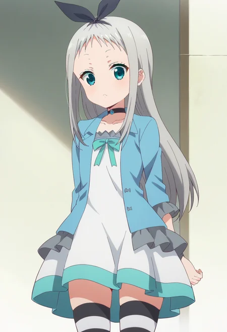 score_9, score_8_up, score_7_up, score_6_up, score_5_up, score_4_up , anime coloring ,BREAK source_anime, anime,best quality, masterpiece,
1boy, solo, hideri, long hair, white dress, skirt, bow, ribbon, aqua eyes, black hairbow, grey hair, male focus, choker, striped, zettai ryouiki, cosplay, otoko no ko, striped thighhighs, blue jacket, open jacket, <lora:PonyXL Hideri V2:1>
looking at viewer,