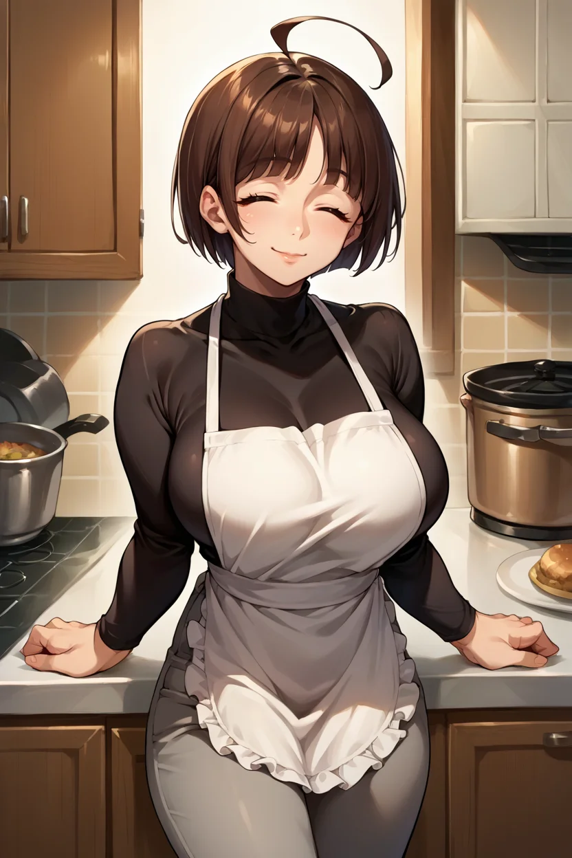 score_9, score_8_up, score_7_up, score_6_up, source_anime, 1girl, solo, <lora:haradamakoto-pdxl-nvwls-v1-000005:1> haradamakoto, brown hair, short hair, ahoge, black sweater, white apron, grey pants, kitchen, large breasts, looking at you, closed eyes, happy